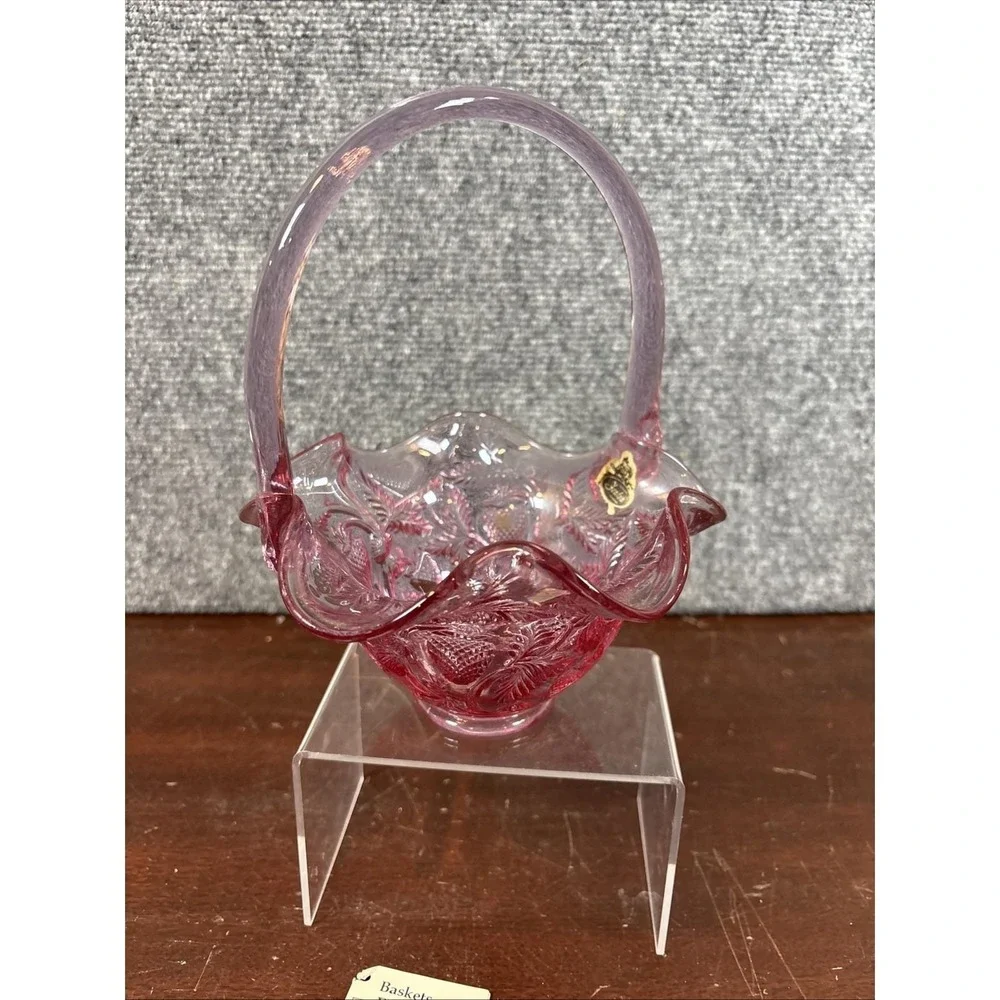 Vtg~Fenton~Strawberry Pattern Dusty Rose Handled Basket~W/Tag and Sticker